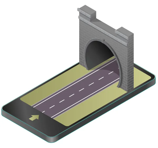 Vetor baixo túnel de pedra poli com estrada de asfalto no telefone móvel em perspectiva isométrica . —  Vetores de Stock