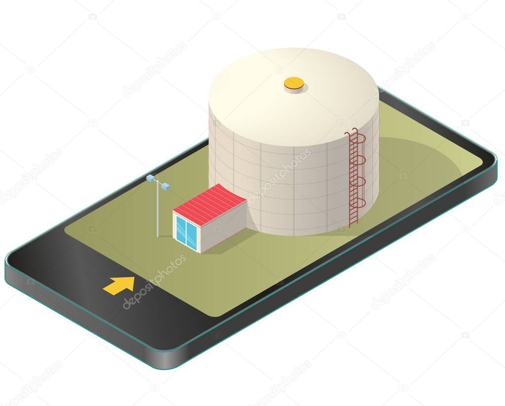 Grain silo isometric building in mobile phone, isometric perspective.