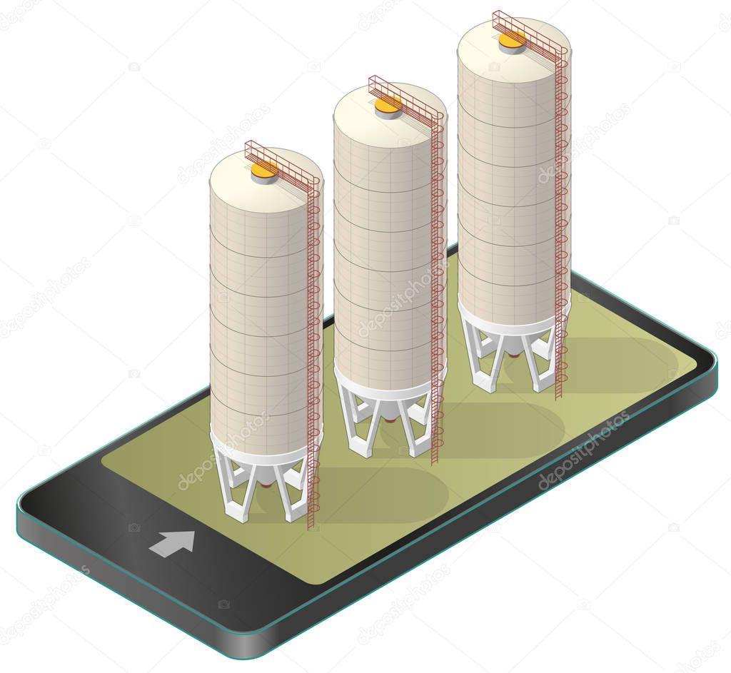 Grain silo isometric building in mobile phone, isometric perspective.