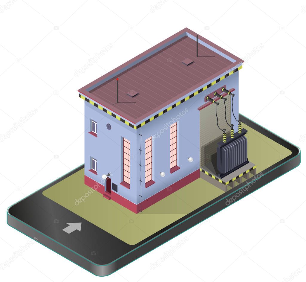 Electric transformer isometric building in mobile phone. Vector high-voltage power station in communication technology paraphrase.