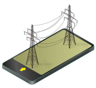 Vektör yüksek gerilim dikmesi içinde hareket eden telefon, izometrik perspektif.