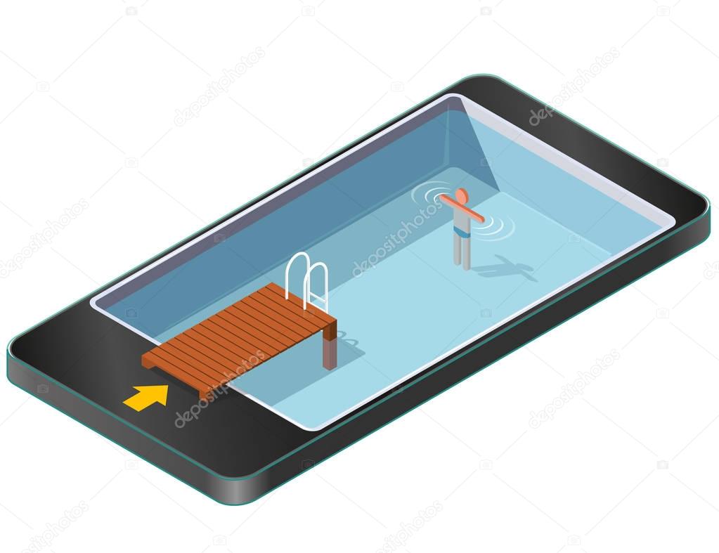 Isometric swimming pool with wooden pier in mobile phone.