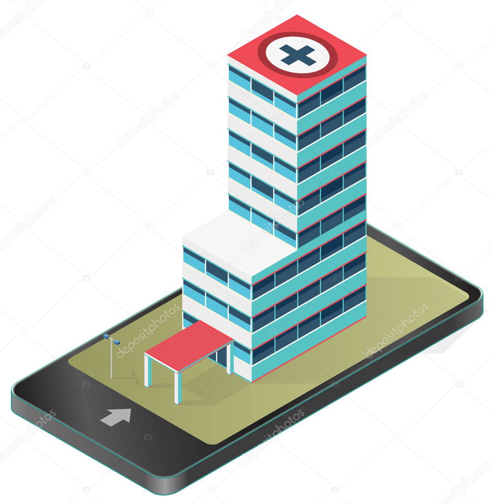 Isometric medical building in mobile phone. Pharmacy pictogram. Infographic element.
