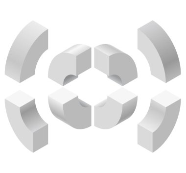 Beyaz arka plan üzerinde izole izometrik perspektifte kemerli şekiller. Soyut nesneleri, arka plan oluşturmak için temel yapı taşları.