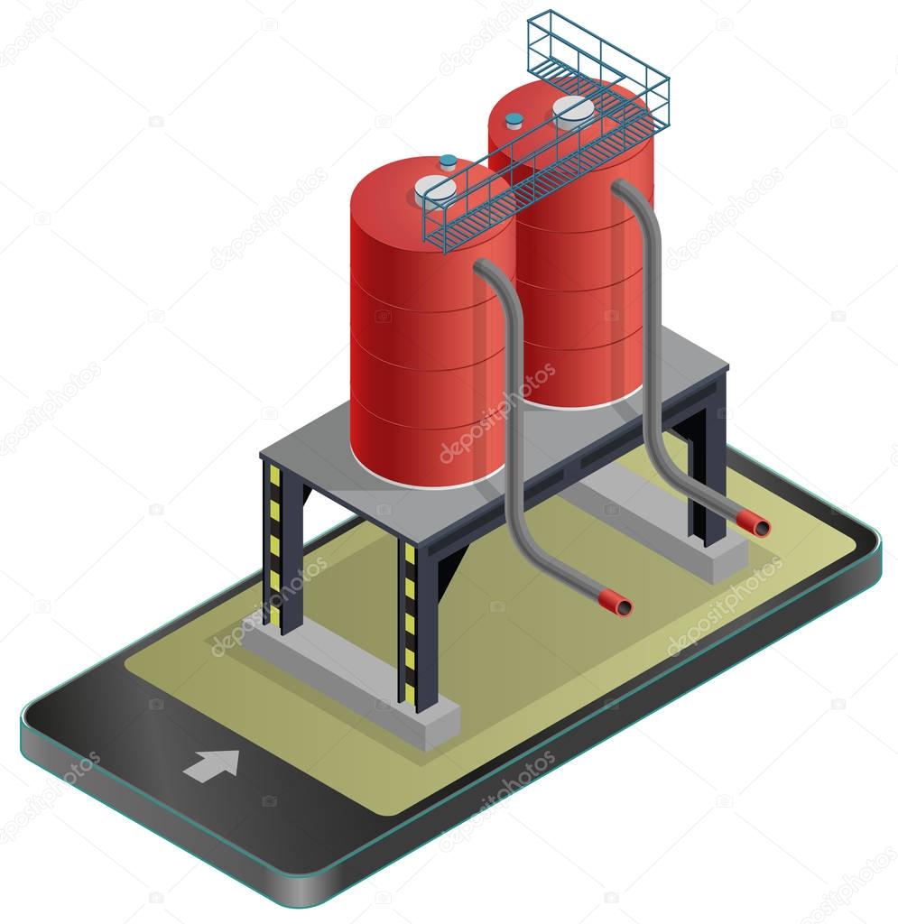Gasoline cistern, isometric building in mobile phone. Gas tank on pillars in communication technology, paraphrase.
