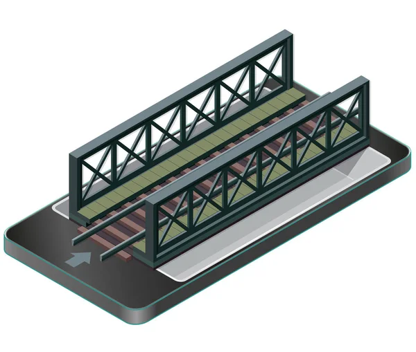 Ponte de trem vetorial, perspectiva isométrica no telefone celular . —  Vetores de Stock