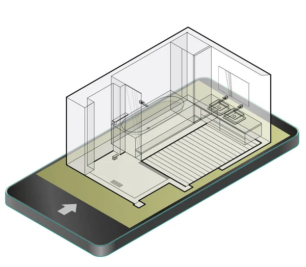 携帯電話の木の床とバスルームを概説します。ワイヤー等尺性のシャワーのエンクロージャ. — ストックベクタ