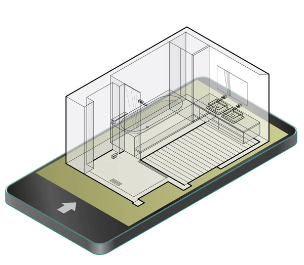 Casa de banho com piso de madeira em telefone móvel. Cabine de chuveiro isométrico de arame . — Vetor de Stock