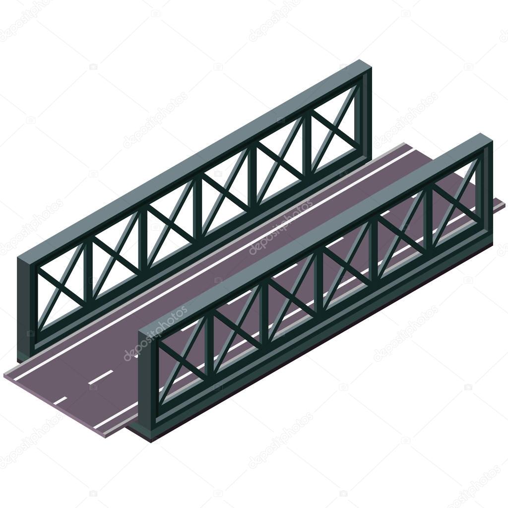 Vector bridge in isometric 3d perspective isolated on white background, with asphalt road.