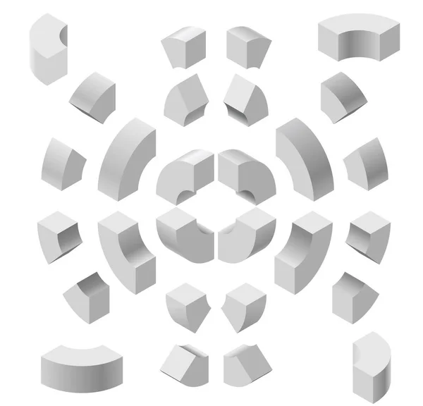 Välvda former i isometrisk perspektiv, isolerad på vit bakgrund. Grundläggande byggstenar för att skapa abstrakta objekt, bakgrund. — Stock vektor