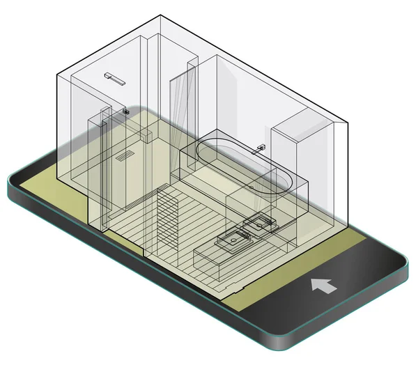 Casa de banho com piso de madeira em telefone móvel. Cabine de chuveiro isométrico de arame . — Vetor de Stock