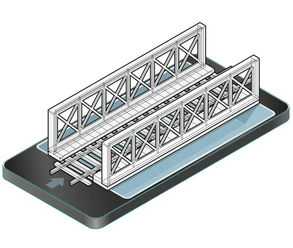 Puente de tren vectorial delineado en el teléfono móvil, planificación isométrica del edificio 3d del puente ferroviario . — Vector de stock