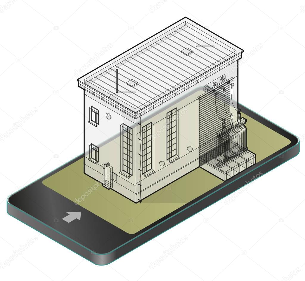 Electric transformer isometric building in mobile phone. Outlined 3d planning of vector high-voltage power station in communication technology.