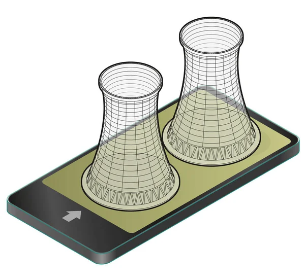 Sistema de enfriamiento isométrico vectorial delineado de la central nuclear en el teléfono móvil . — Vector de stock