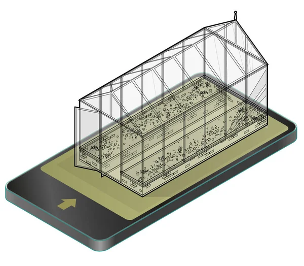 Overzicht vector isometrische greenhouse met glazen wanden in mobiele telefoon, isometrisch perspectief. — Stockvector