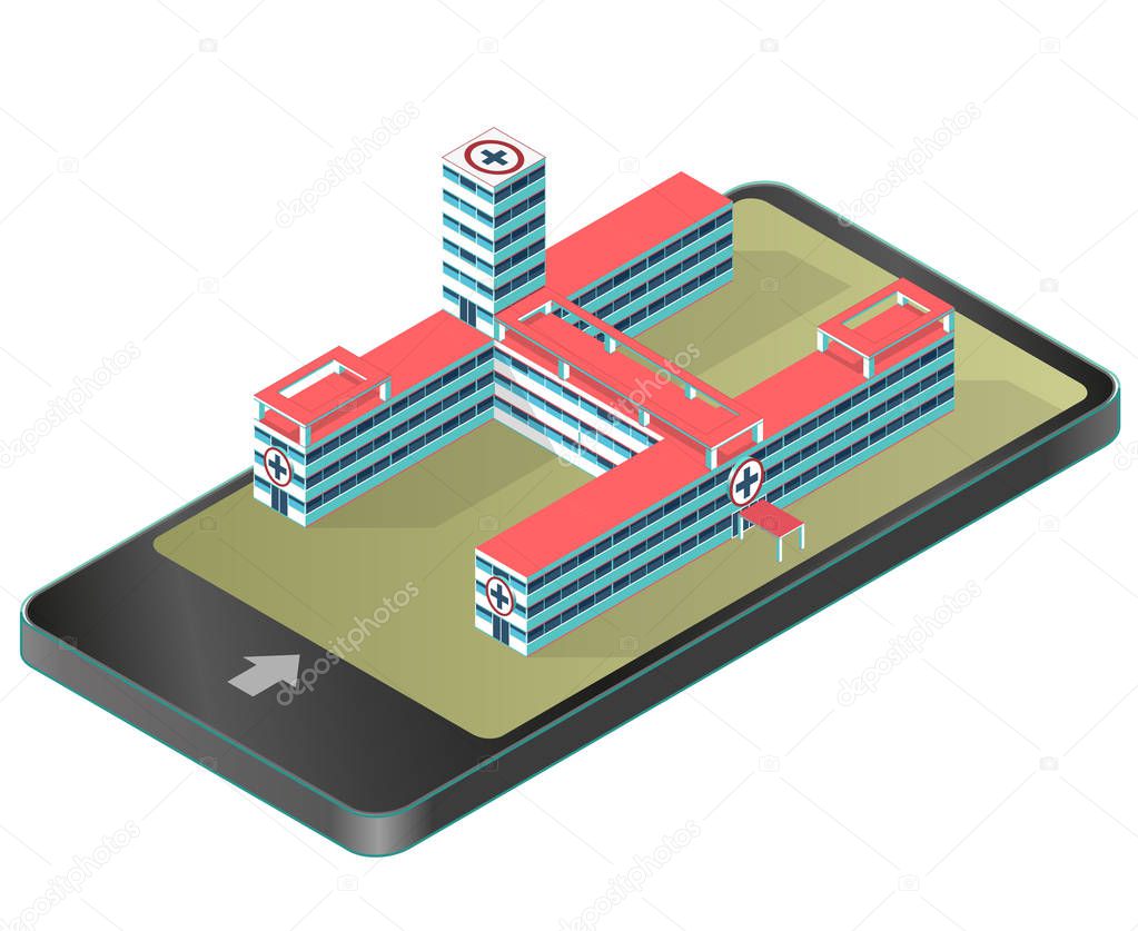 Isometric medical building in mobile phone. Pharmacy pictogram. Infographic element.