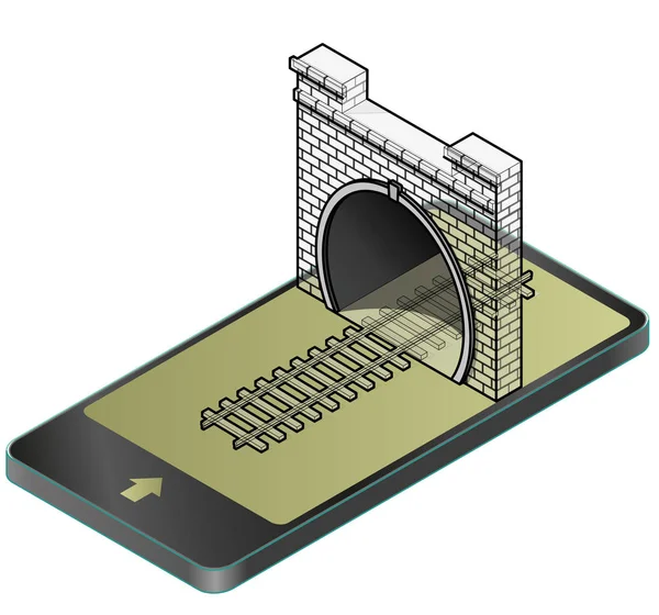 Vázolt vektor alacsony poly kő alagút aszfaltozott úton mozgatható telefon-ban izometrikus perspektíva. — Stock Vector