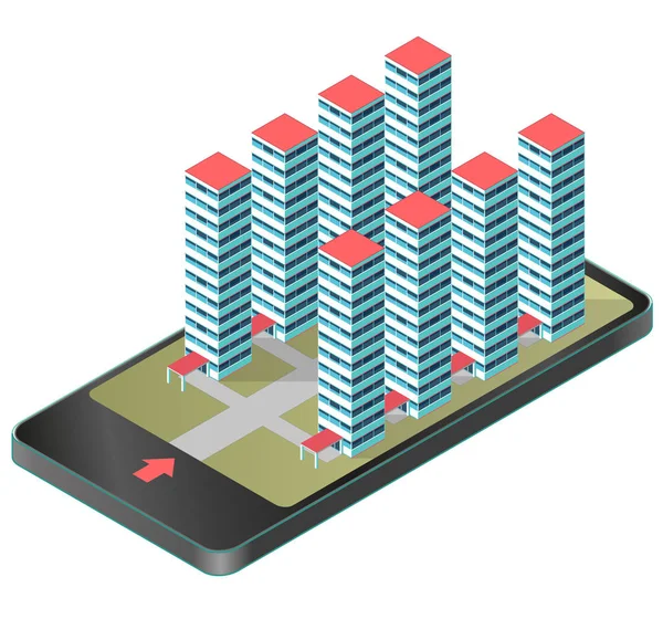 Izometryczny Apartament wieżowców budynku w telefonie komórkowym. Projekt, nowoczesny kompleks szpitalny. — Wektor stockowy