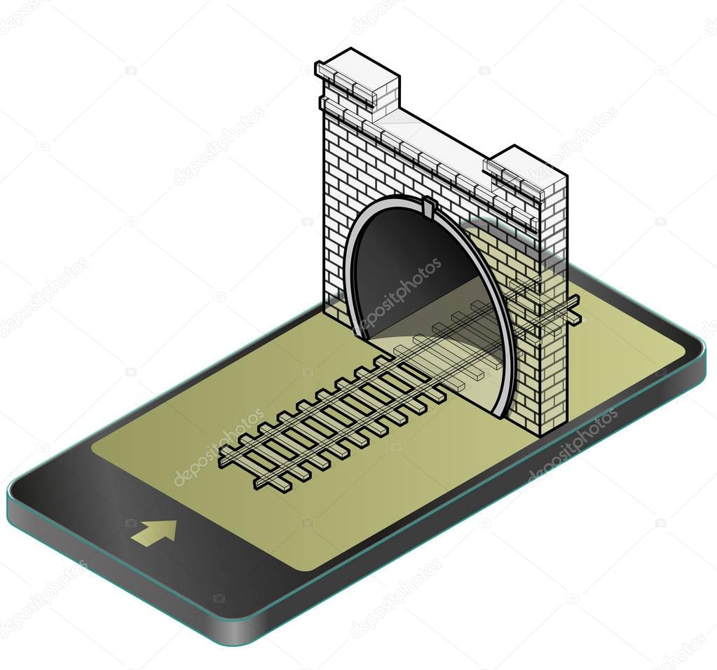 Outlined vector low poly stone tunnel with asphalt road in mobile phone in isometric perspective.