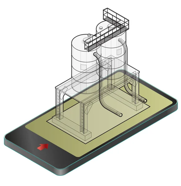 Cisterna de gasolina delineada, edificio isométrico en teléfono móvil. Depósito de gas sobre pilares en tecnología de comunicación, paráfrasis . — Vector de stock
