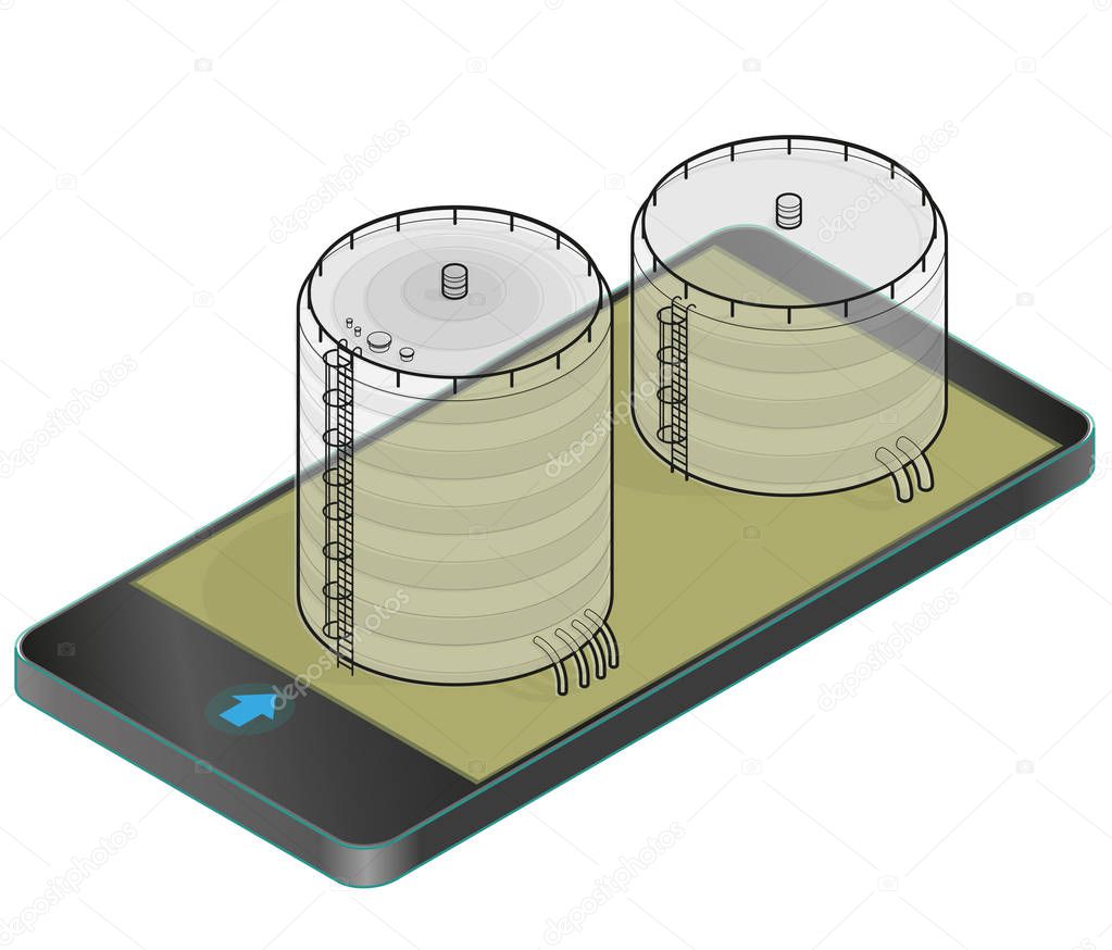 Outlined gasoline cistern, isometric building in mobile phone. Gas tank on pillars in communication technology, paraphrase.