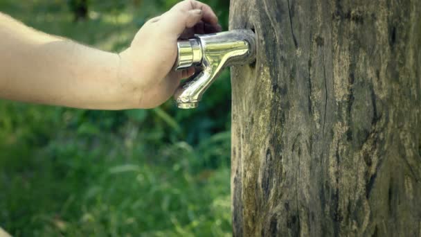 Händewaschen am Gartenhahn. Wasserhahn mit fließendem Wasser. Sommererfrischung und Spülung mit Quellwasser. Wasserhahn aufdrehen. — Stockvideo
