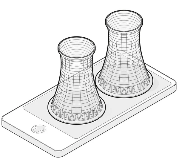 Nükleer santral içinde hareket eden telefon vektör izometrik soğutma sistemi özetlenen.