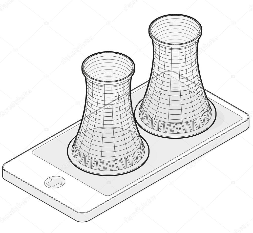 Outlined vector isometric cooling system of nuclear power plant in mobile phone.