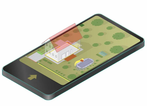 Trädgård projekt vid familjens hem i planen omfattar simning damm i mobiltelefon. — Stock vektor