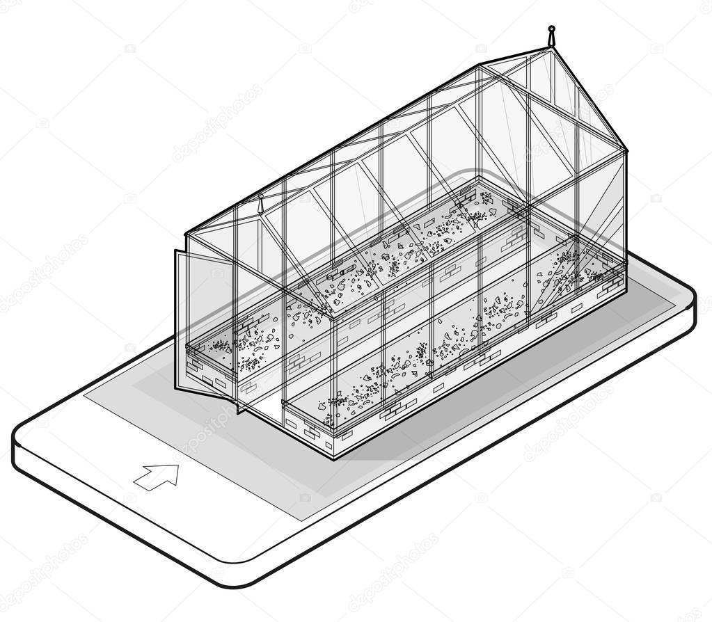 Outlined vector isometric greenhouse with glass walls in mobile phone, isometric perspective.