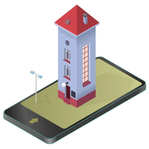 Ψηλός λεπτό σώμα. Ισομετρική κτίριο μπλε, κόκκινη στέγη στο κινητό τηλέφωνο. Αστεία αρχιτεκτονική. — Διανυσματικό Αρχείο