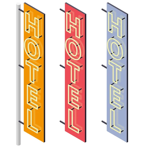 Placa do hotel. Neon publicidade ao ar livre na fachada do motel em três variantes de cores . — Vetor de Stock