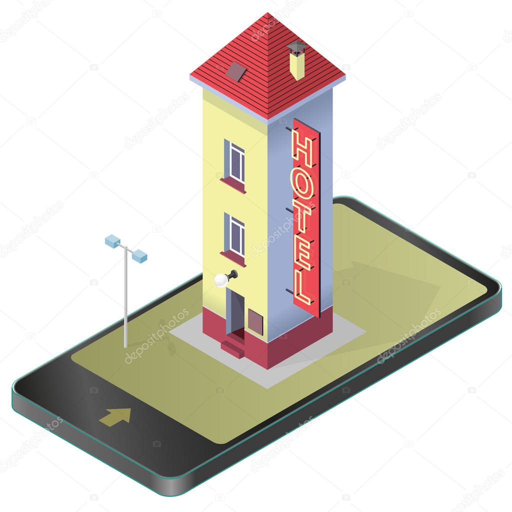 Funny small hotel. Tall comical hostel. Isometric hostel building. Motel.