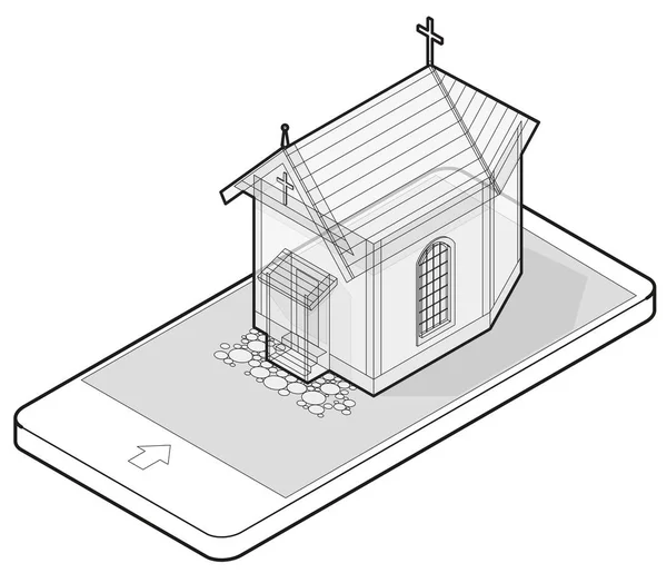 Vector esbozado pequeña iglesia cristiana en el teléfono móvil, en perspectiva isométrica . — Vector de stock