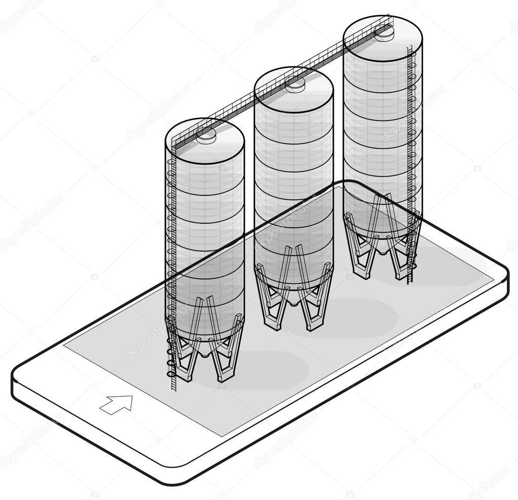 Outlined grain silo isometric building in mobile phone, isometric perspective.