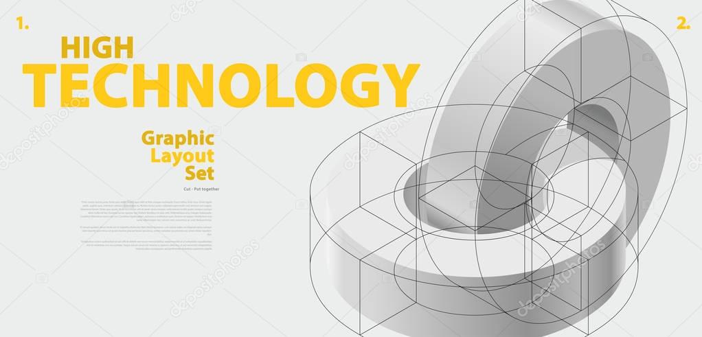 Graphic layout set with abstract curved vector shape, reminiscent of technological development.
