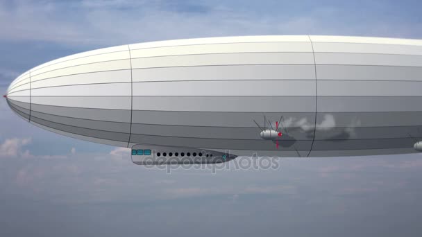 Legendariska enorma zeppelin luftskepp på himlen med moln. Stiliserade flygande ballong. — Stockvideo