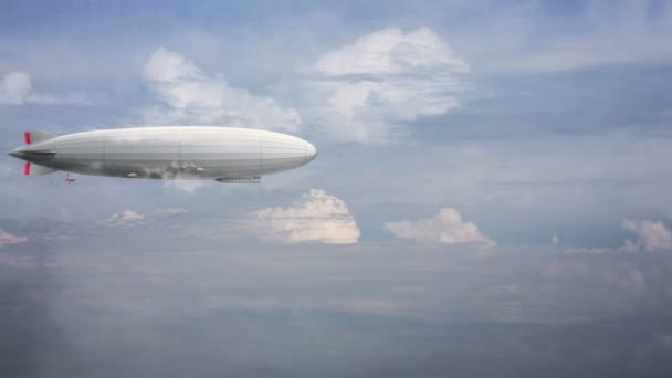 Legendary huge zeppelin airship on sky with clouds. Stylized flying balloon. — Stock Video