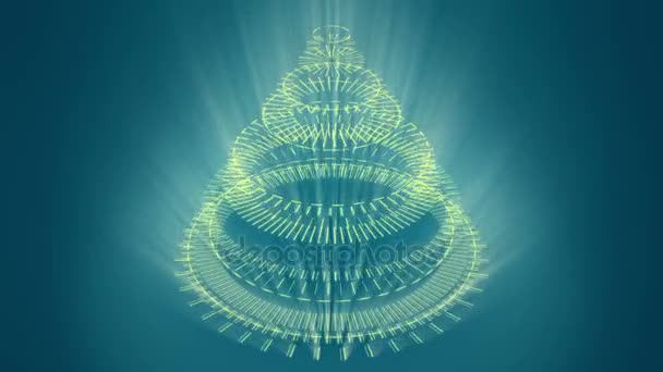 様式化された奇妙なクリスマス ツリー 青色の背景色は黄色の機械スパイラル ホイールで構成されます ビデオの願いを輝く光線の背景 クリスマスのシンボルのグラフィック抽象的なサイエンス フィクション様式 — ストック動画