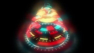 Stilize tuhaf Noel ağacı, renkli mekanik sarmal jantlar siyah arka plan oluşur. Video arka plan istiyor, parlayan. Grafik soyut bilim-kurgu filmde, Noel sembol, anahtar, mat, maske.