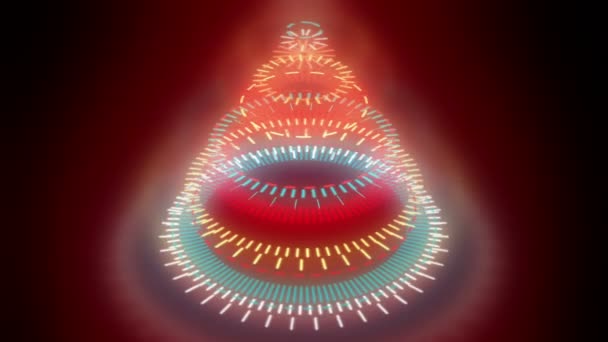 様式化された奇妙なクリスマス ツリー 赤い背景から成る黄色の機械スパイラル ホイール ビデオの願いを輝く光線の背景 クリスマスのシンボルのグラフィック抽象的なサイエンス フィクション様式 — ストック動画