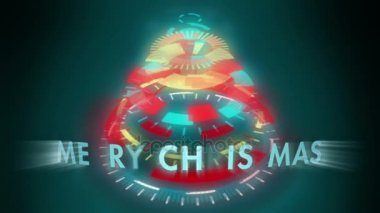 Merry Christmas metin ile siyah arka plan üzerine stilize Noel ağacı. Mekanik sarmal tekerlekler bileşimi. Işınları parlayan Noel video istiyor. Grafik soyut bilim-kurgu filmde.