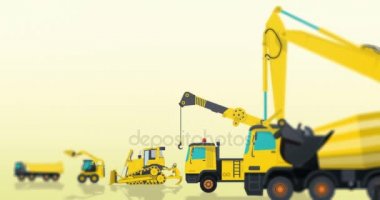Sarı İnşaat makineleri makineleri araçlar kümesi. İnşaat İnşaat ekipmanları. Ekskavatör, kamyon, kazıcı, Vinç, bagger, Beton mikseri, ana animasyon, toprak işleri afiş.