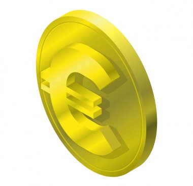 İzometrik perspektifte Euro altın sikke logosu. Minimalist altın stilizasyon parça modern sembolü. Avrupa Birliği para birimi grafik simgesi, internet yatırım. Üç boyutlu sembol, kova işareti.