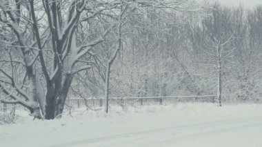 Karlı yolu ile yollar. Düşen kar kış manzara. Her şey taze güç ile kaplıdır. Nordic dedektifler gibi yoğun bir atmosfer. Kış için Noel tema arka plan. Statik gün vurdu.