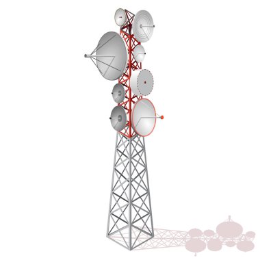 Vektör uydu izometrik perspektif beyaz arka plan üzerinde izole kulede. İletim kulesi telefon ve televizyon sinyalleri. Kırmızı-beyaz kulesini.