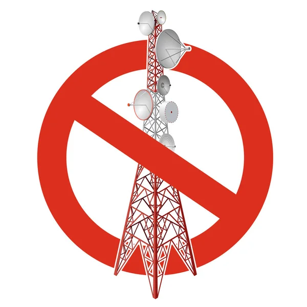 衛星タワーの禁止 厳格な禁止伝送タワー鉄塔の建設 テレビ信号の注意を停止します ベクトル赤白通信塔 白い背景 等尺性 — ストックベクタ