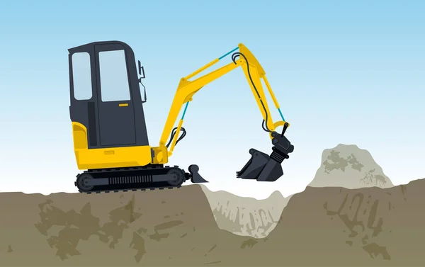 Yellow Excavator Digs Hole Bagger Excavating Ground Works Construction Machinery — Stock Vector