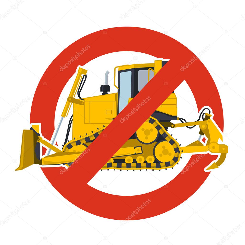 Prohibition of excavation work symbol. Dredging strict ban sign. Caution of construction machinery and ground works. Forbid on construction work. Vector yellow big digger, isolated on white background