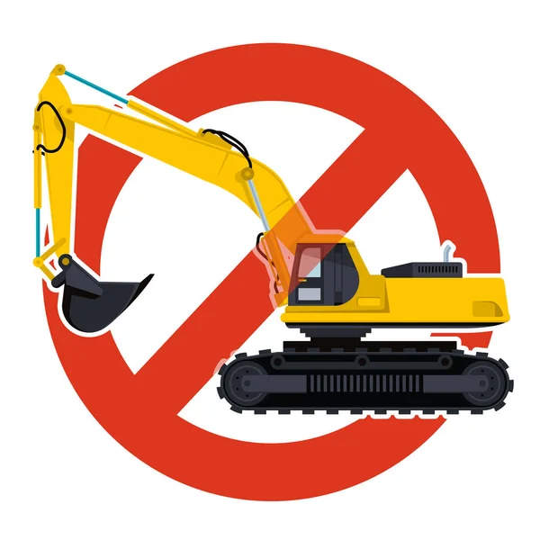 掘削作業の記号の禁止 厳格な禁止記号を浚渫します 建設機械および地面の作品の注意 工事を禁止します ベクター黄色い大きな掘り 白い背景で隔離 — ストックベクタ